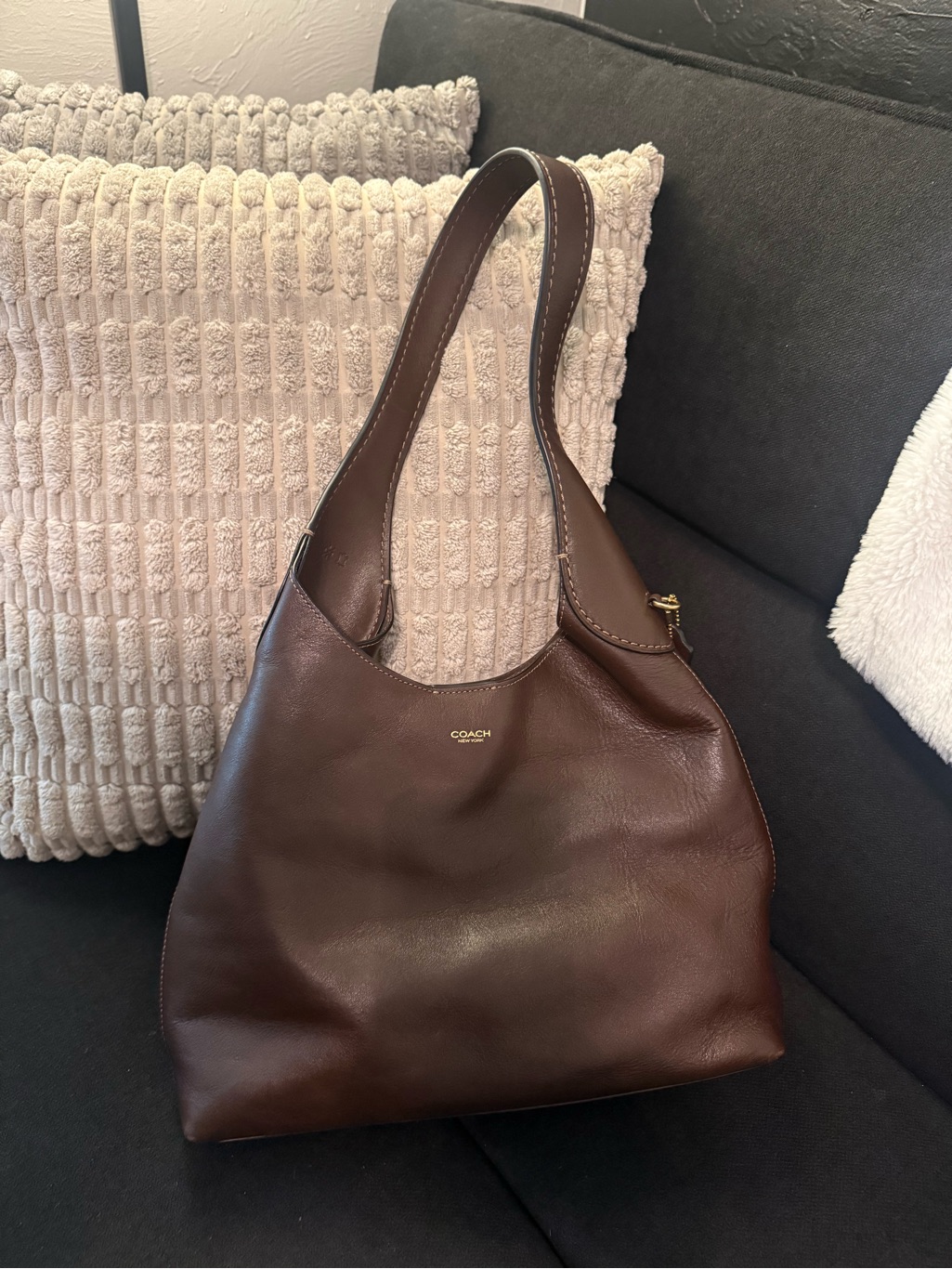 Coach Dark Brown Leather Shoulder Bag With Gold Logo
